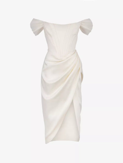 House of CB Ivory Loretta off-shoulder satin corset bodice midi dress UK XS