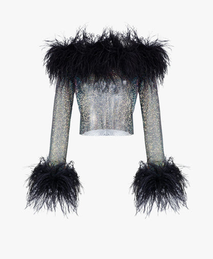 Santa Brands Black Sparkle Black Feathers Top W Open Shoulders UK L