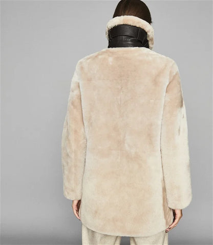 REISS Beige Izzie shearling mid length coat UK L