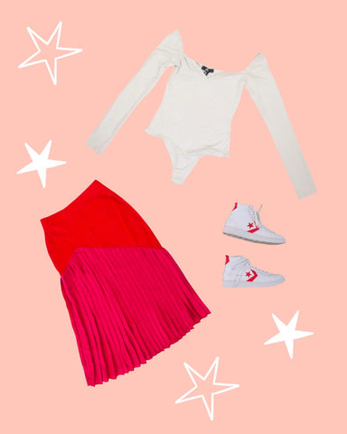 leotard, skirt and trainer outfit flat lay