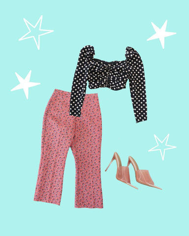 clashing print outfit flat lay