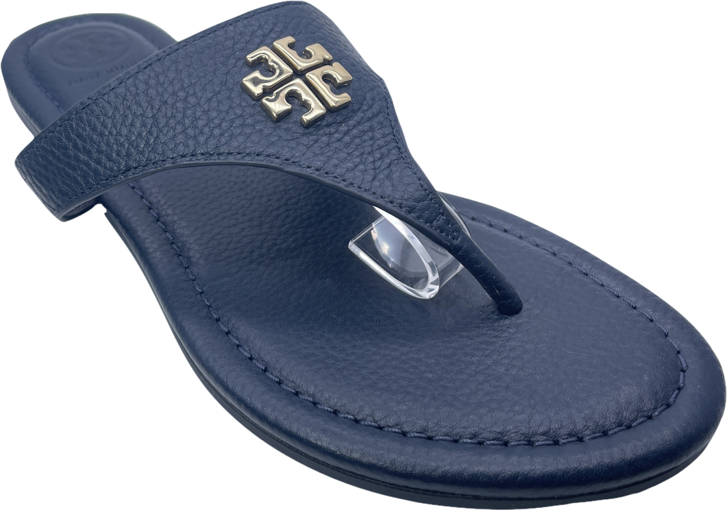 Tory Burch Navy Blue Leather Thong Mule Sandals With Gold Logo UK 3.5 EU 36.5 👠