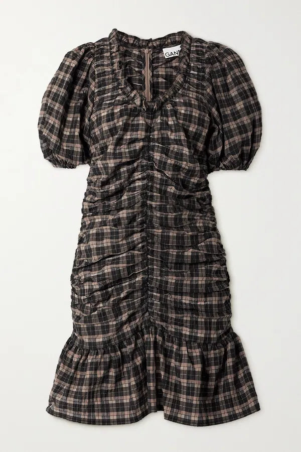 Ganni Brown /Black Ruffled Ruched Checked Seersucker Mini Dress  UK 14